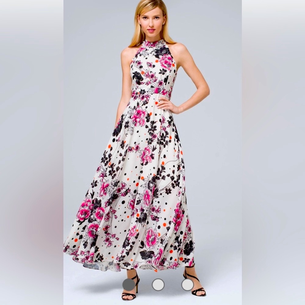 Nicole Miller White Maxi Dress with Pink Floral Print